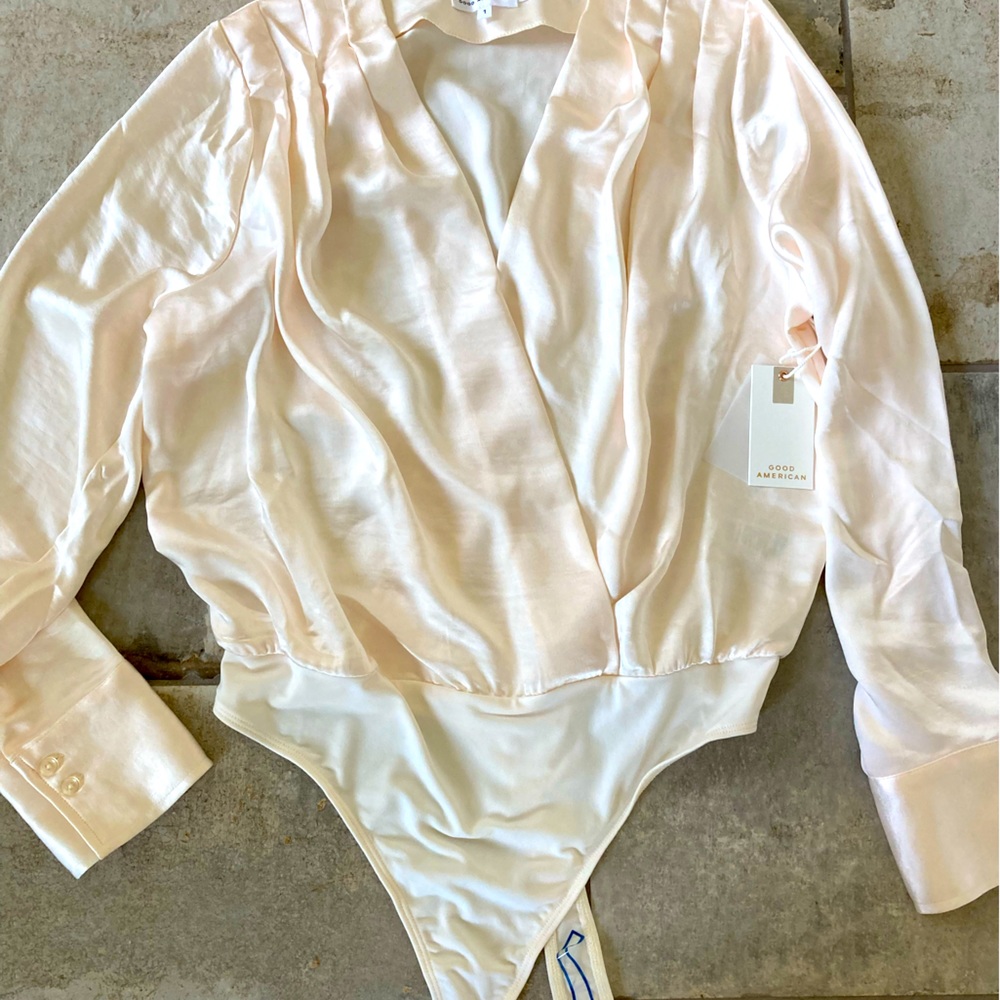 Good American Washed Satin Wrap Bodysuit in Ivory